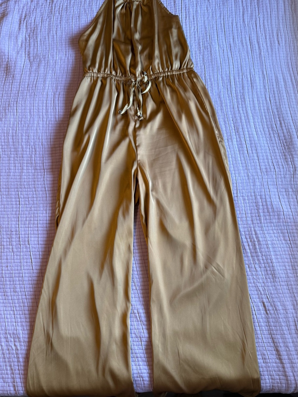 Amiana Wide-Leg Halter Jumpsuit in Gold